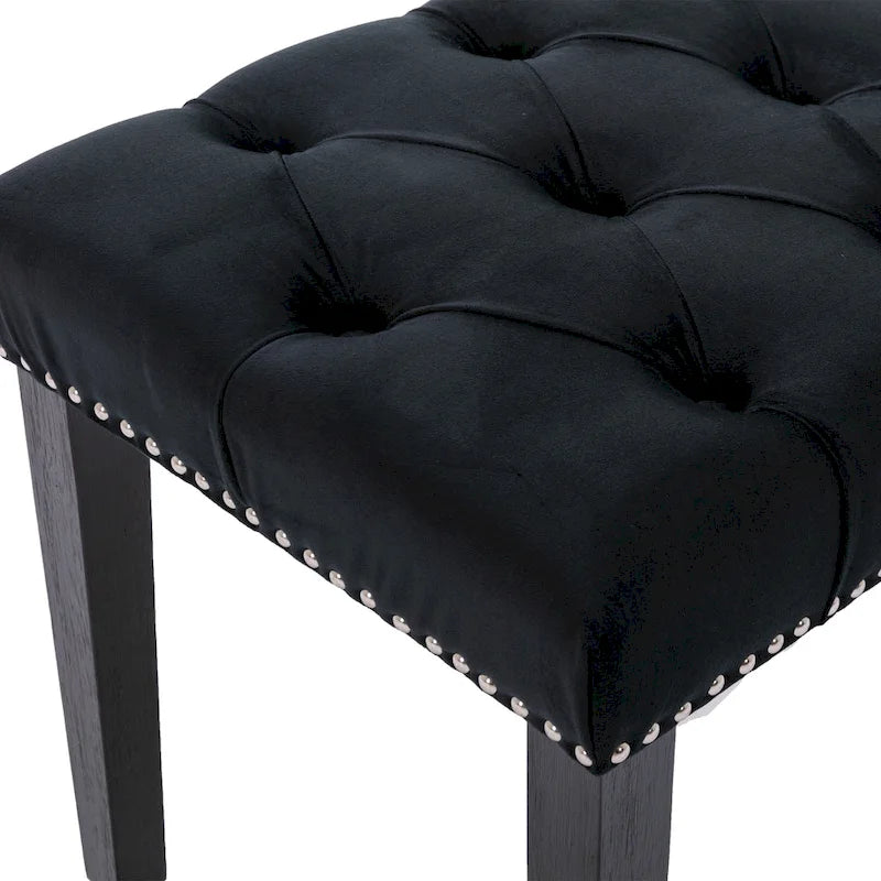Banc capitonné en velours avec clous décoratifs et pieds en bois