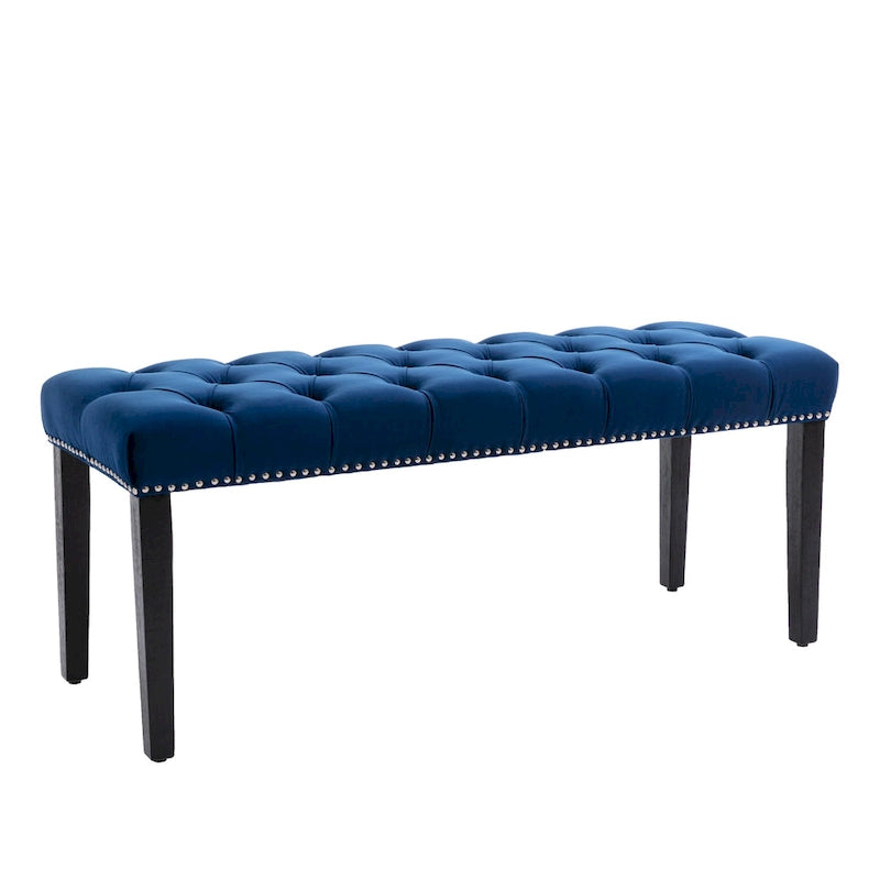 Banc capitonné en velours avec clous décoratifs et pieds en bois
