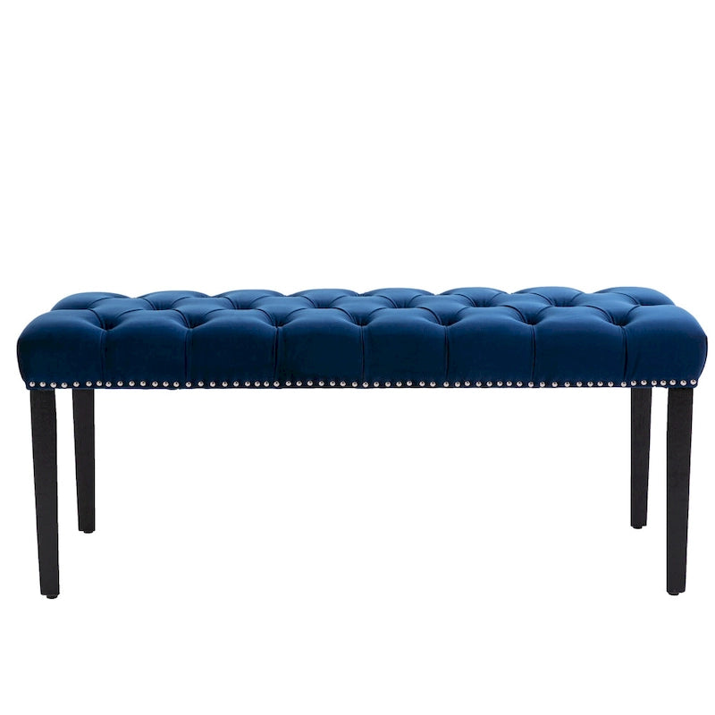 Banc capitonné en velours avec clous décoratifs et pieds en bois