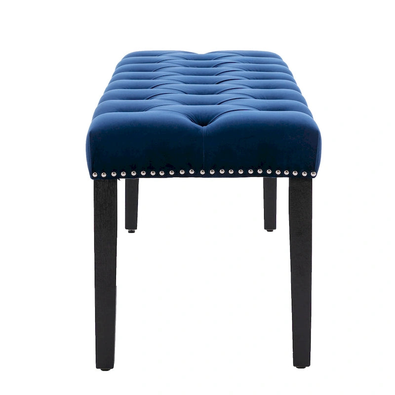 Banc capitonné en velours avec clous décoratifs et pieds en bois
