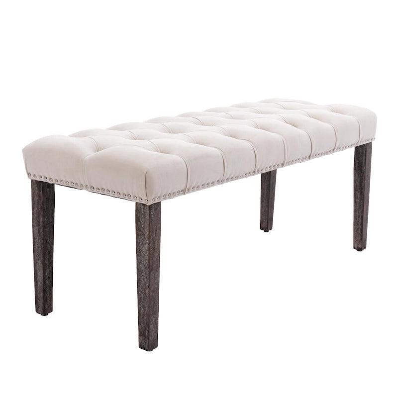 Banc capitonné en velours avec clous décoratifs et pieds en bois