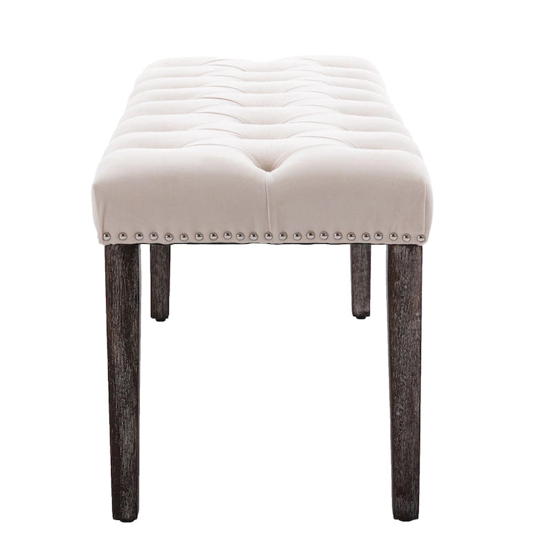 Banc capitonné en velours avec clous décoratifs et pieds en bois
