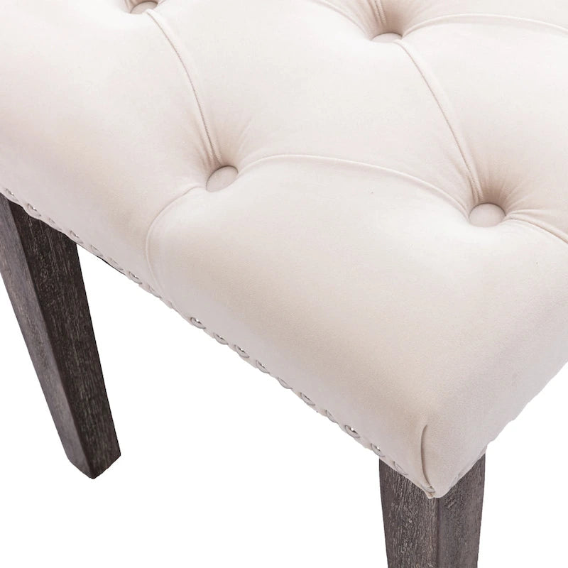 Banc capitonné en velours avec clous décoratifs et pieds en bois