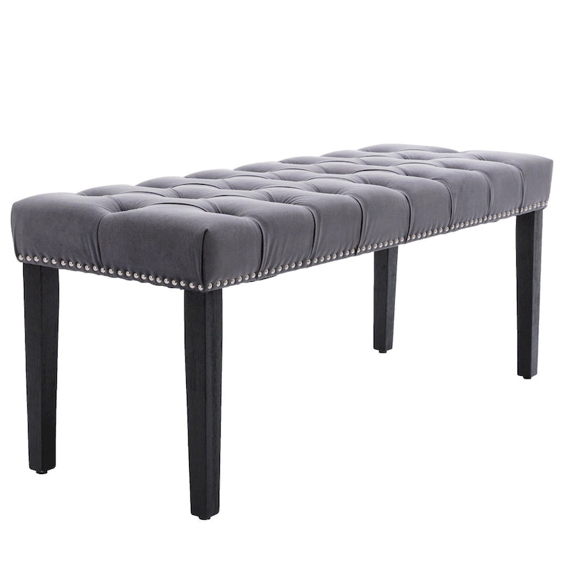 Banc capitonné en velours avec clous décoratifs et pieds en bois