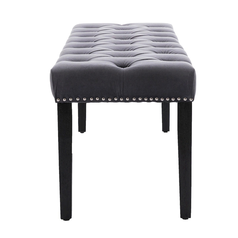 Banc capitonné en velours avec clous décoratifs et pieds en bois