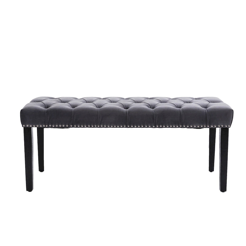 Banc capitonné en velours avec clous décoratifs et pieds en bois
