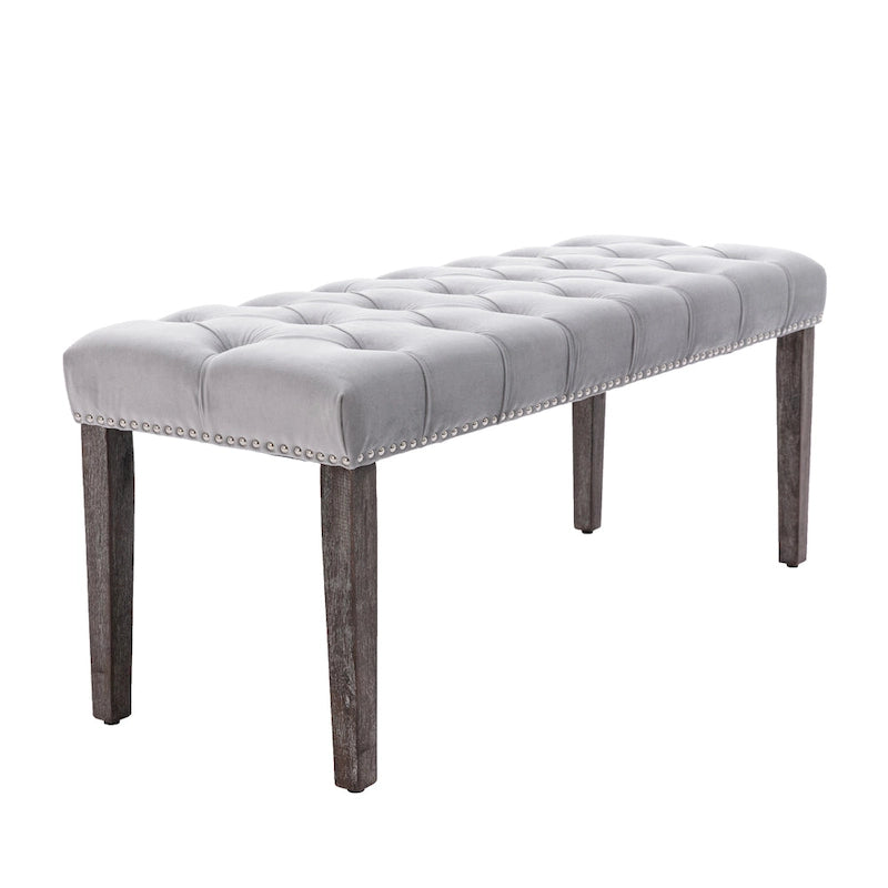 Banc capitonné en velours avec clous décoratifs et pieds en bois