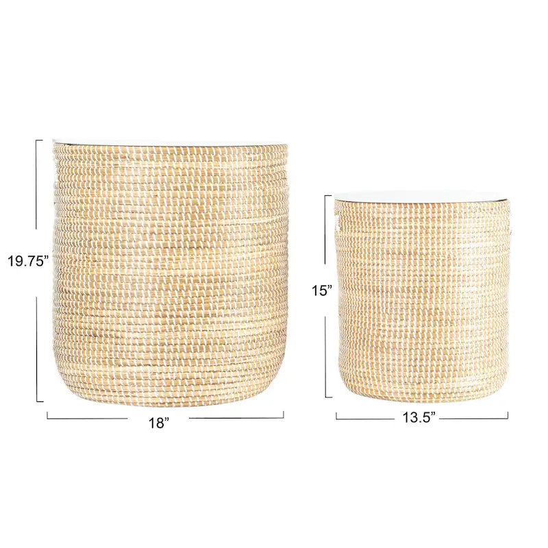 Table d'appoint de rangement en jonc de mer tissé à la main avec plateau en bois blanc