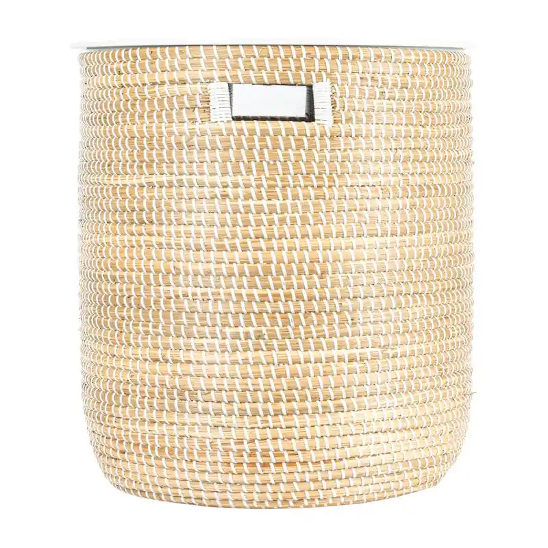 Table d'appoint de rangement en jonc de mer tissé à la main avec plateau en bois blanc