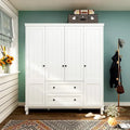 Armoire penderie 4 portes 2 tiroirs en bois avec tringles métalliques en laque blanche