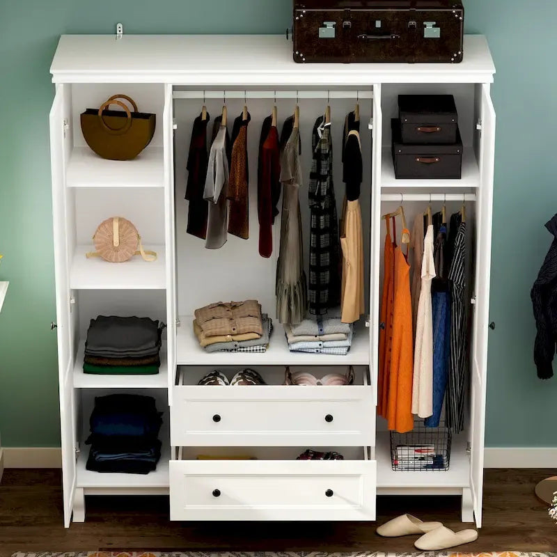 Armoire penderie 4 portes 2 tiroirs en bois avec tringles métalliques en laque blanche