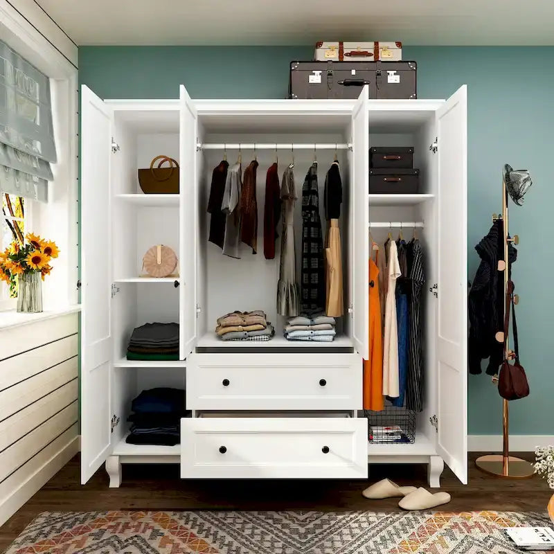 Armoire penderie 4 portes 2 tiroirs en bois avec tringles métalliques en laque blanche