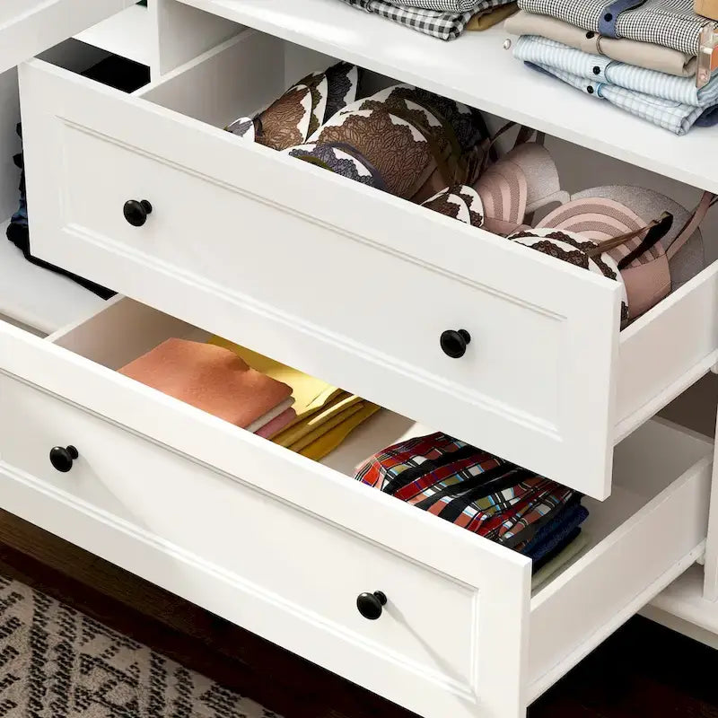 Armoire penderie 4 portes 2 tiroirs en bois avec tringles métalliques en laque blanche