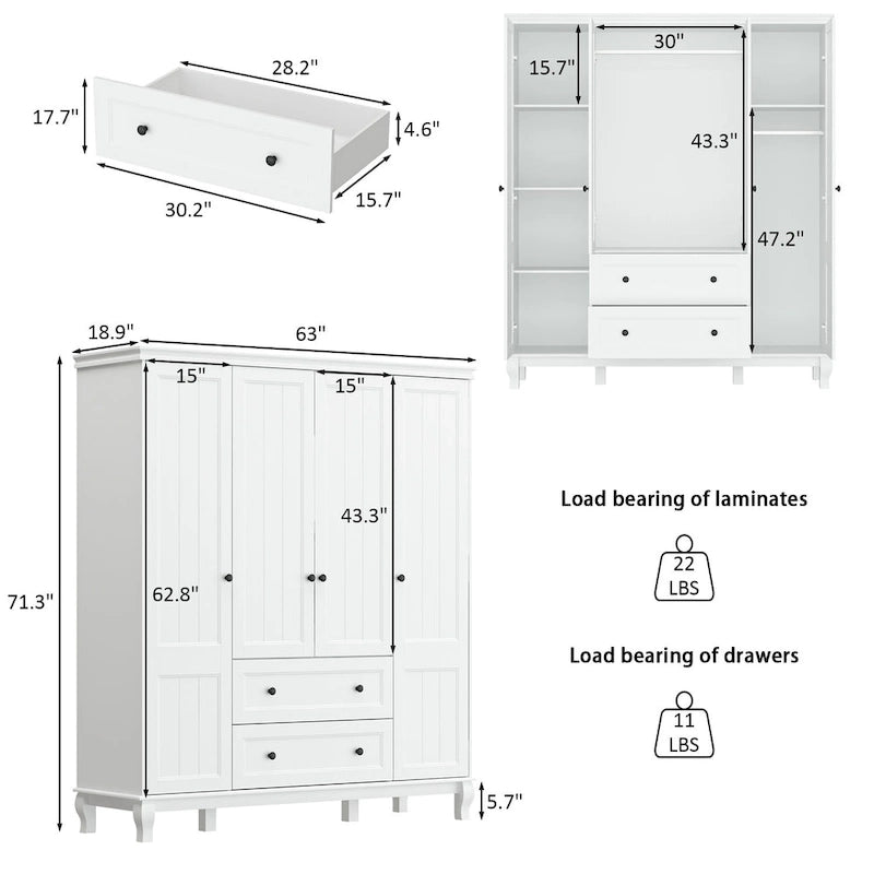 Armoire penderie 4 portes 2 tiroirs en bois avec tringles métalliques en laque blanche