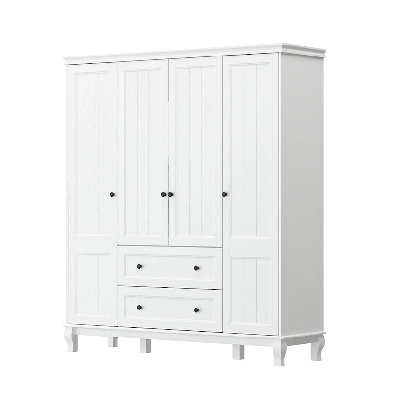 Armoire penderie 4 portes 2 tiroirs en bois avec tringles métalliques en laque blanche