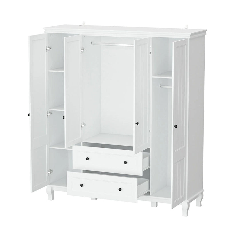 Armoire penderie 4 portes 2 tiroirs en bois avec tringles métalliques en laque blanche