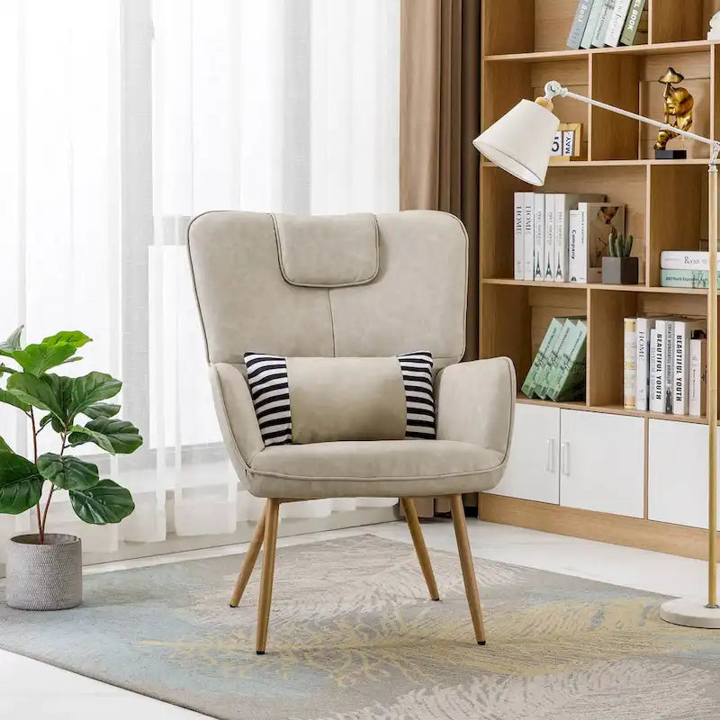 Fauteuil d'appoint à oreilles en similicuir avec coussin lombaire et pieds en métal