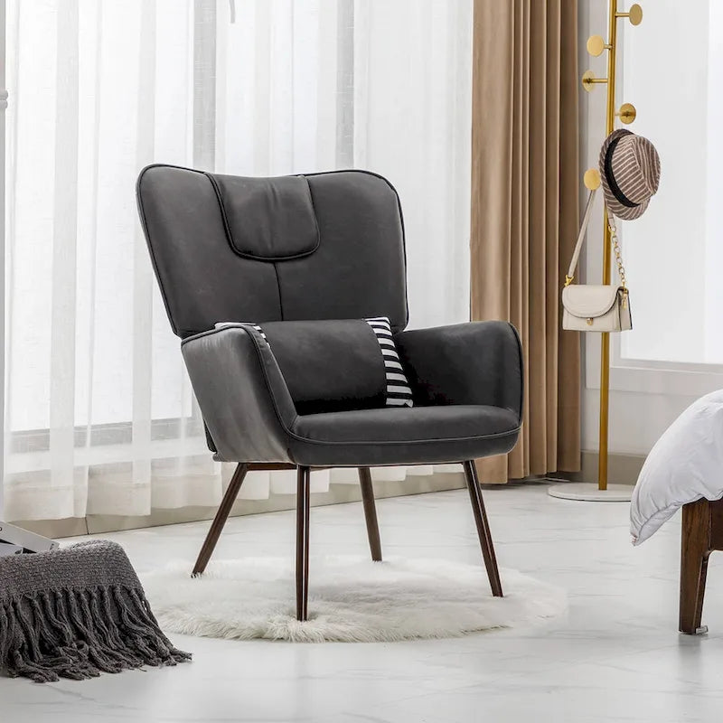 Fauteuil d'appoint à oreilles en similicuir avec coussin lombaire et pieds en métal