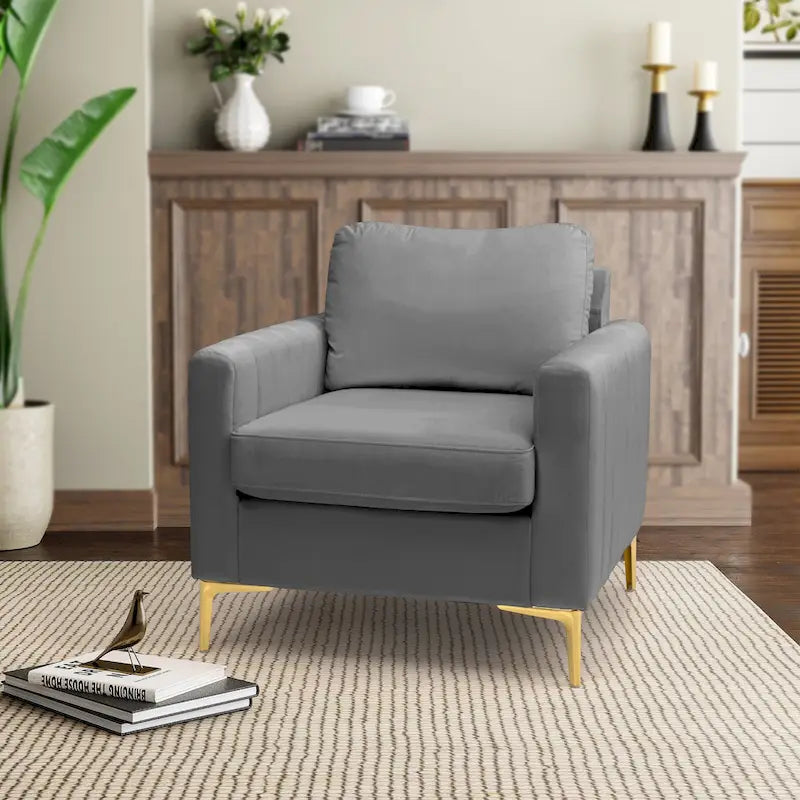 Fauteuil d'appoint en velours avec pieds en métal doré, gris