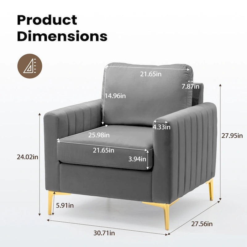 Fauteuil d'appoint en velours avec pieds en métal doré, gris
