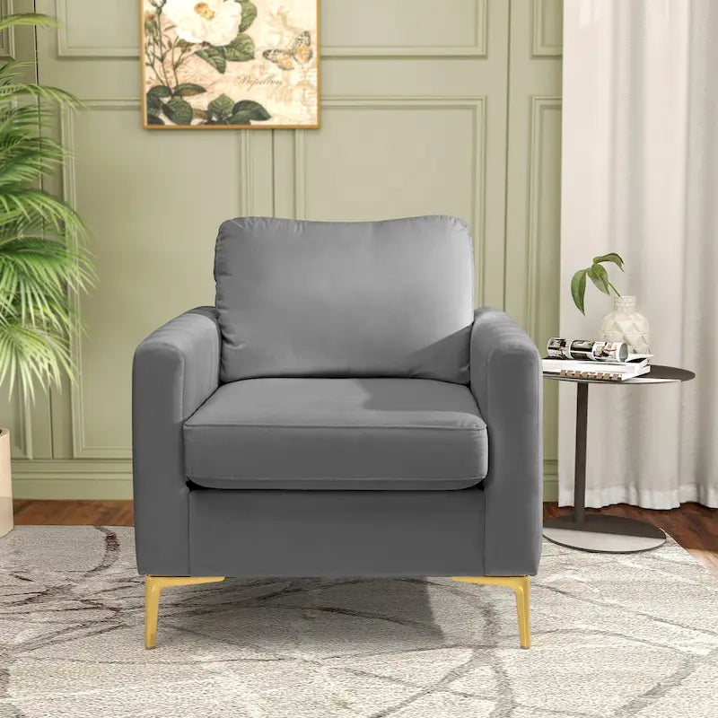 Fauteuil d'appoint en velours avec pieds en métal doré, gris
