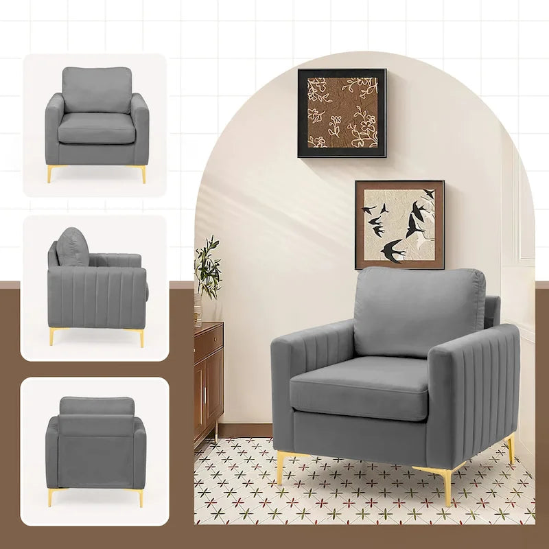 Fauteuil d'appoint en velours avec pieds en métal doré, gris