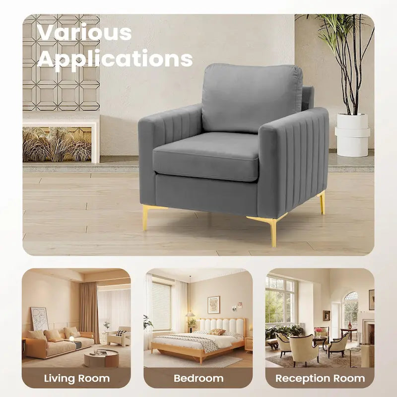 Fauteuil d'appoint en velours avec pieds en métal doré, gris