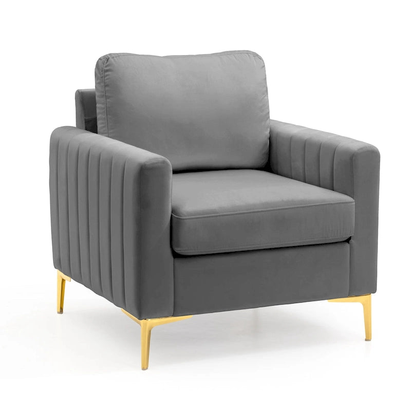 Fauteuil d'appoint en velours avec pieds en métal doré, gris