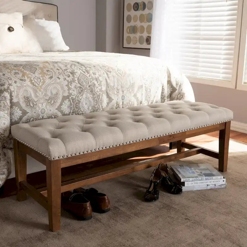 Banquette capitonnée en polyester avec cadre en hévéa noyer gris beige
