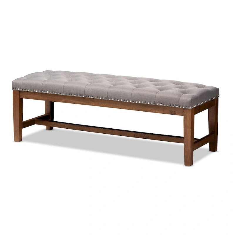 Banquette capitonnée en polyester avec cadre en hévéa noyer gris beige