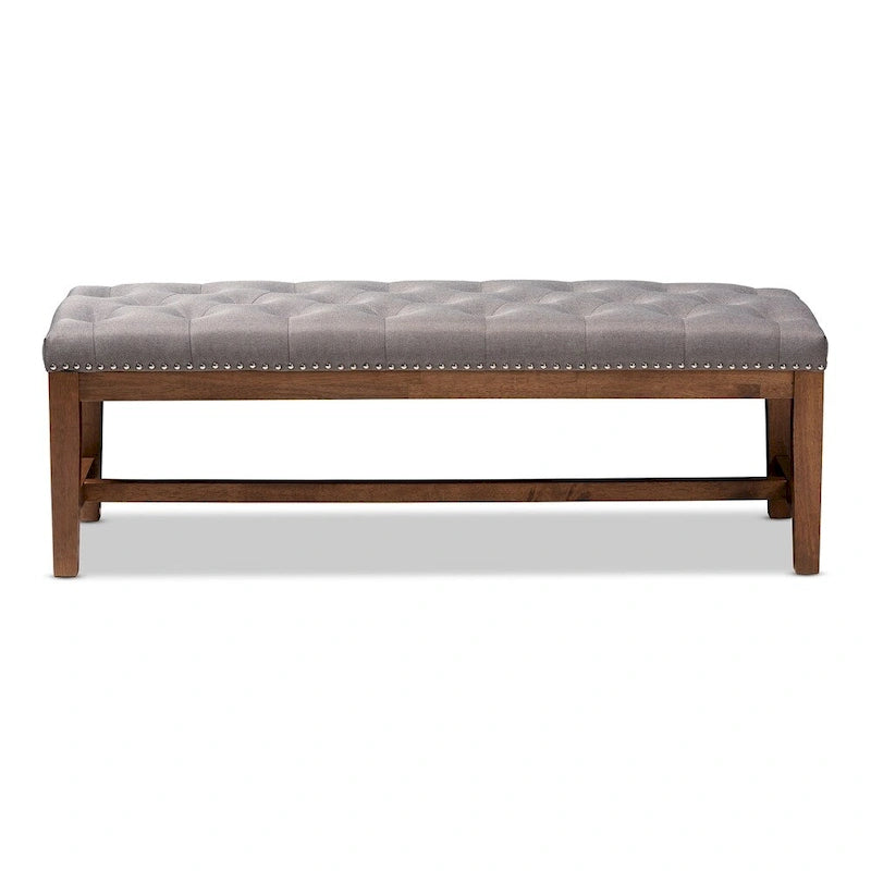 Banquette capitonnée en polyester avec cadre en hévéa noyer gris beige