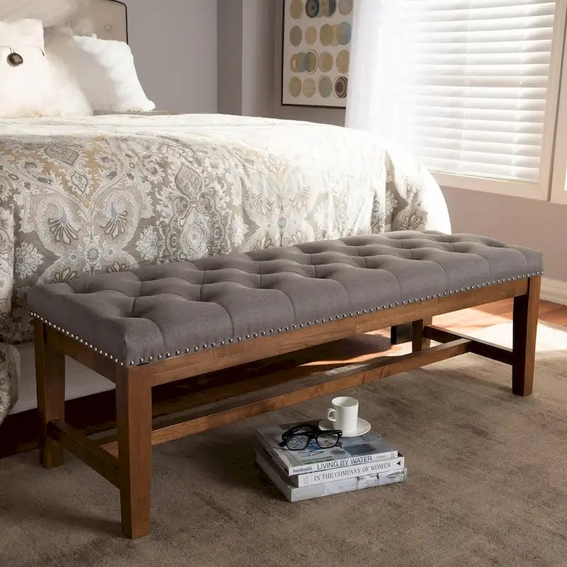 Banquette capitonnée en polyester avec cadre en hévéa noyer gris beige