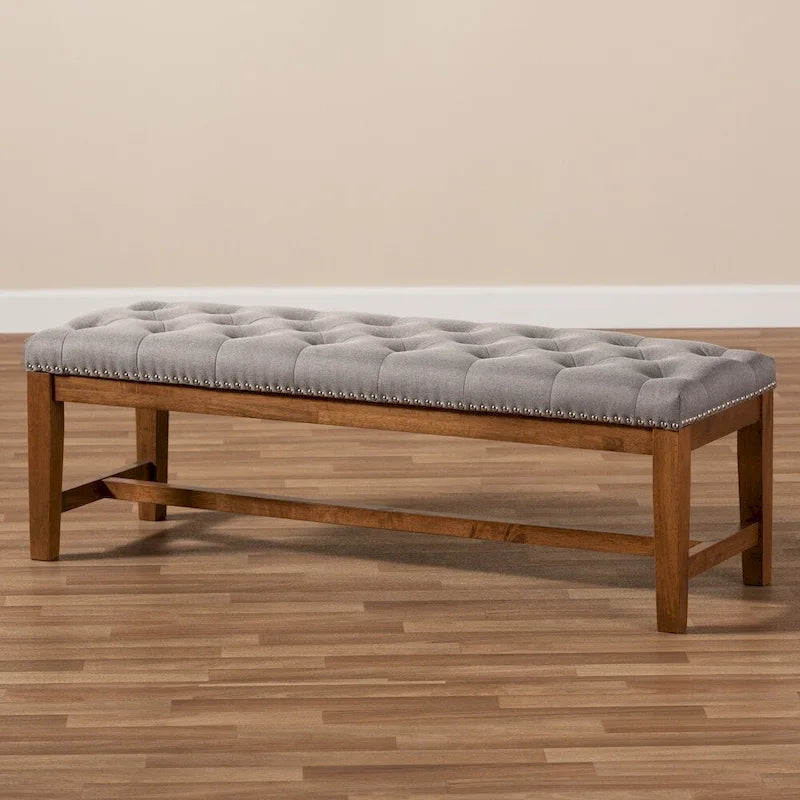 Banquette capitonnée en polyester avec cadre en hévéa noyer gris beige