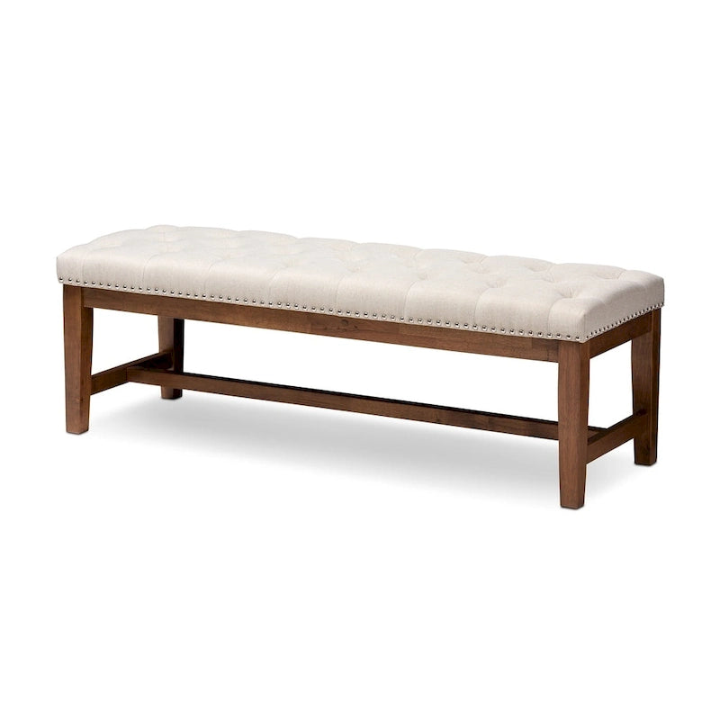 Banquette capitonnée en polyester avec cadre en hévéa noyer gris beige