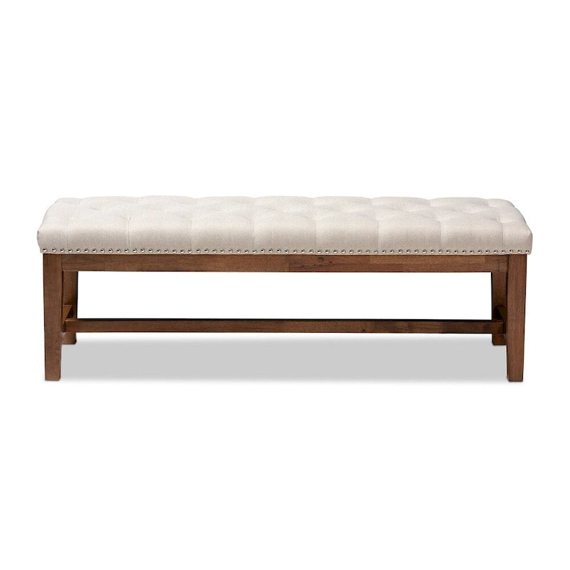 Banquette capitonnée en polyester avec cadre en hévéa noyer gris beige