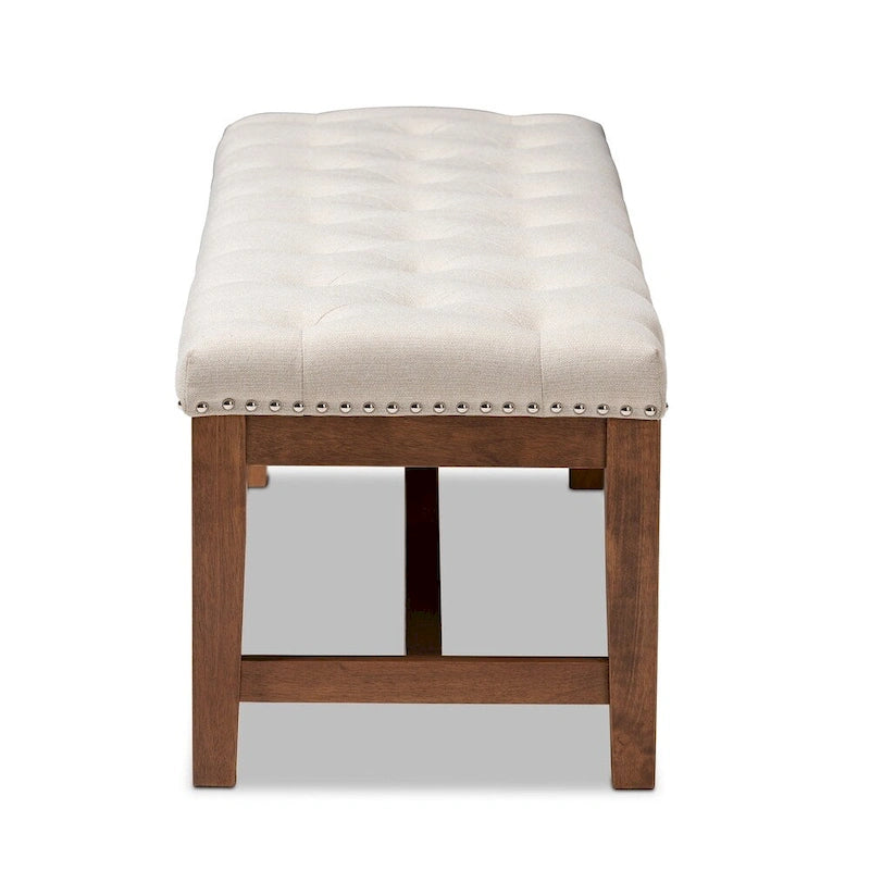 Banquette capitonnée en polyester avec cadre en hévéa noyer gris beige