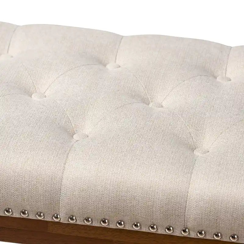Banquette capitonnée en polyester avec cadre en hévéa noyer gris beige