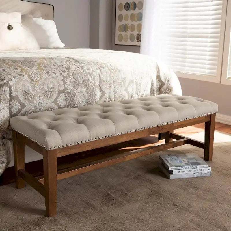 Banquette capitonnée en polyester avec cadre en hévéa noyer gris beige