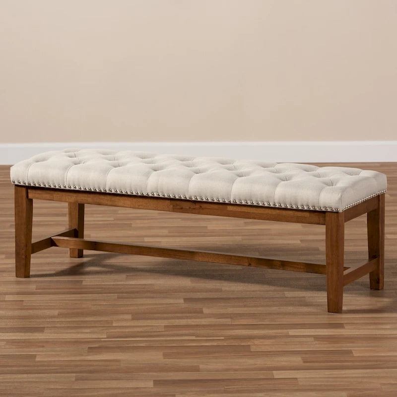 Banquette capitonnée en polyester avec cadre en hévéa noyer gris beige