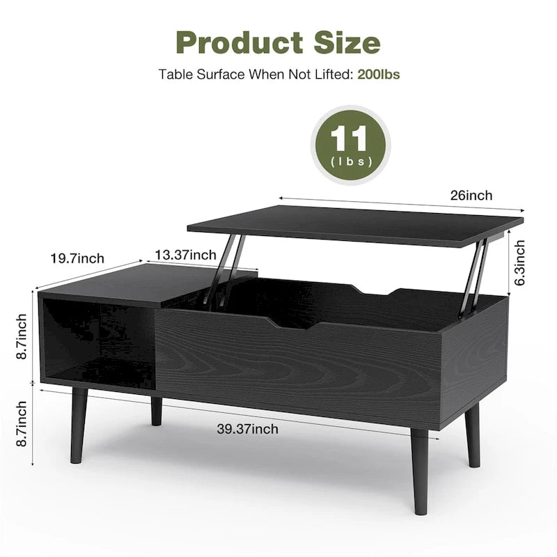 Table basse relevable avec compartiment de rangement dissimulé et étagère ouverte