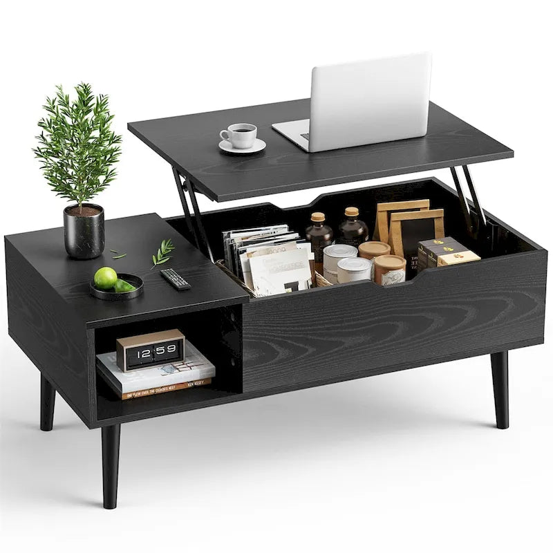 Table basse relevable avec compartiment de rangement dissimulé et étagère ouverte