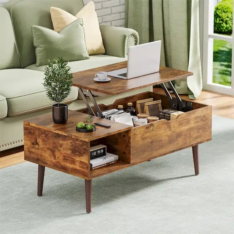 Table basse relevable avec compartiment de rangement dissimulé et étagère ouverte