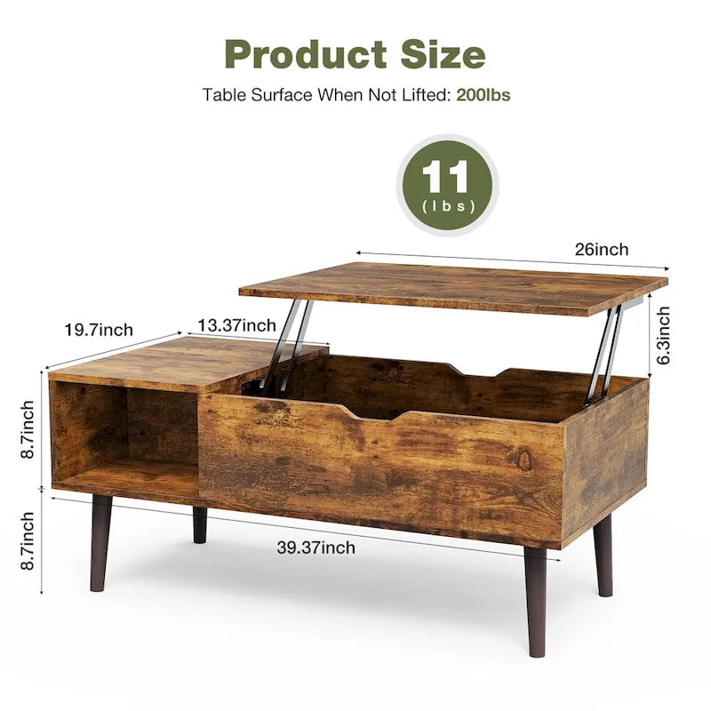 Table basse relevable avec compartiment de rangement dissimulé et étagère ouverte