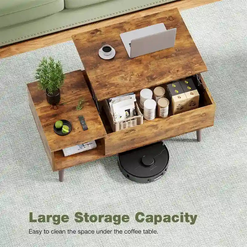Table basse relevable avec compartiment de rangement dissimulé et étagère ouverte