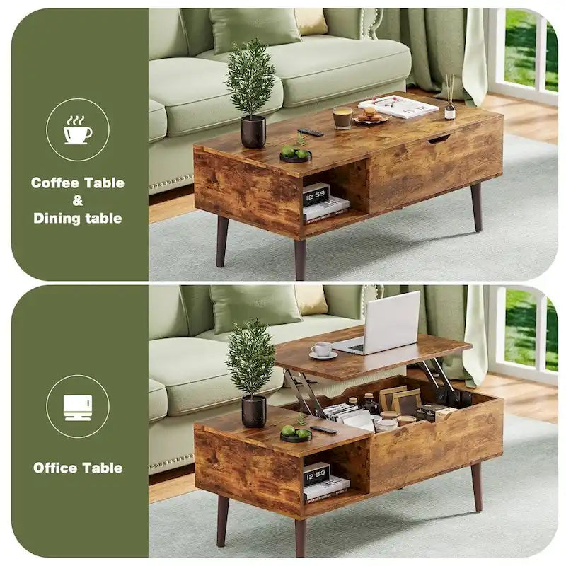 Table basse relevable avec compartiment de rangement dissimulé et étagère ouverte