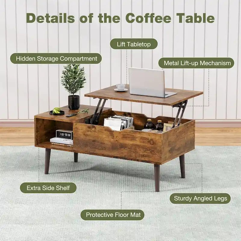 Table basse relevable avec compartiment de rangement dissimulé et étagère ouverte