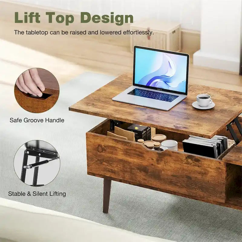 Table basse relevable avec compartiment de rangement dissimulé et étagère ouverte