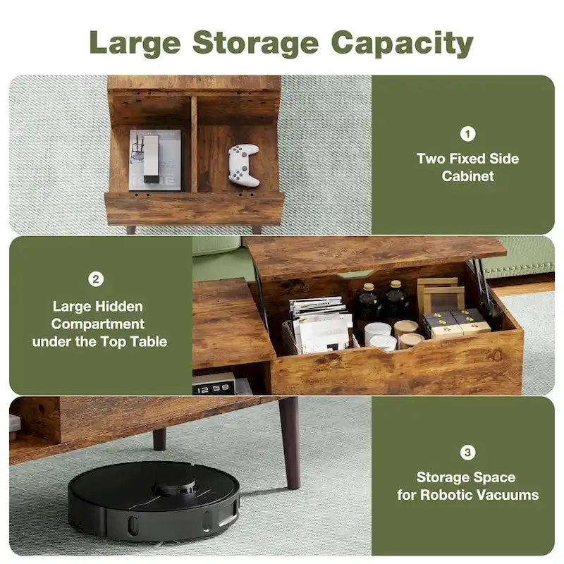 Table basse relevable avec compartiment de rangement dissimulé et étagère ouverte