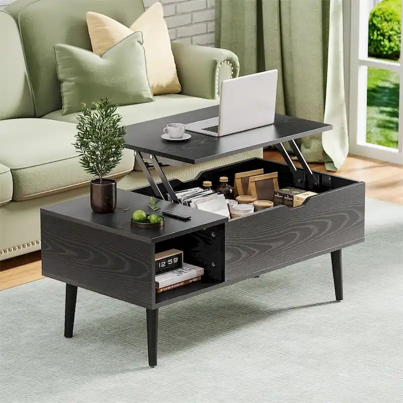 Table basse relevable avec compartiment de rangement dissimulé et étagère ouverte