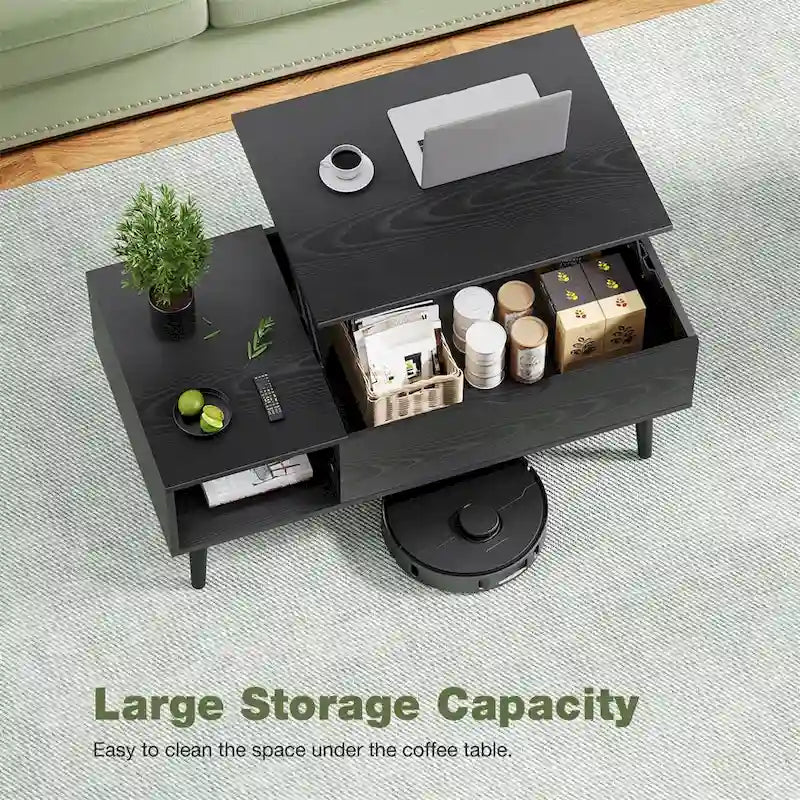 Table basse relevable avec compartiment de rangement dissimulé et étagère ouverte
